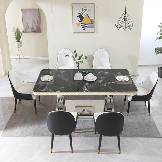Modern Rectangular Dining Table for 6-8, Luxury Sintered Stone Kitchen Table with Heavy-Duty Double Circle Stainless Steel Base, Heat-Resistant Furniture for Dining Room (Table+6 Chairs)