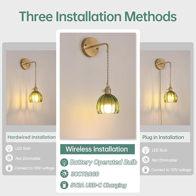 Shenmoyl Battery Operated Wall Sconce with Green Tulip Shade Pattern Glass Adjustable Chain Retro Gold Wall Mounted Light, Modern Wall Lamp Fixtures Decor for Bedside Bedroom Indoor Doorway