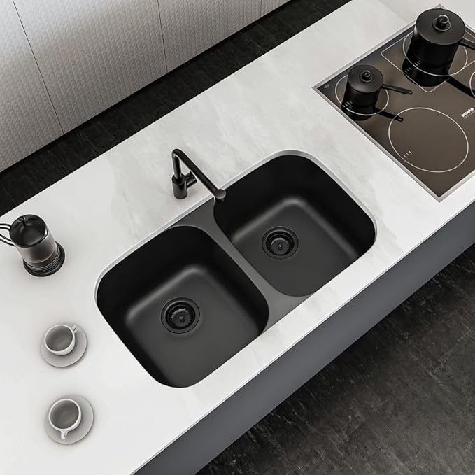 LQS 32 Inch Black Kitchen Sink, Double Bowl Kitchen Sink, Undermount Kitchen Sink Stainless Steel, Black Oval Kitchen Sink with Sleek Roun Corner for Easy Cleaning and Two Sink Strainers