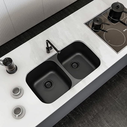 LQS 32 Inch Black Kitchen Sink, Double Bowl Kitchen Sink, Undermount Kitchen Sink Stainless Steel, Black Oval Kitchen Sink with Sleek Roun Corner for Easy Cleaning and Two Sink Strainers