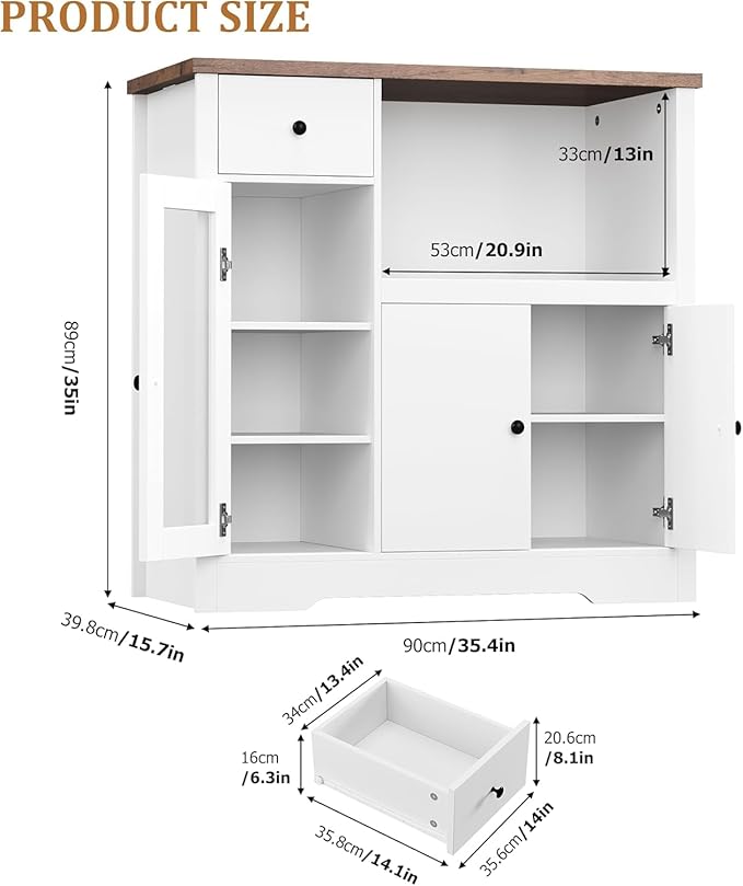 Storage Cabinet with Adjustable Shelves & Microwave Stand, Buffet Sideboard with Drawer, Single and Double Doors for Kitchen, Dining Room, White & Walnut