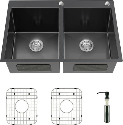 Black Double Bowl Sink - 50/50, 33x22x9-Inch Topmount - Stainless Steel - Drop In - Includes Sink Grid, Soap Dispenser, Drain Strainer