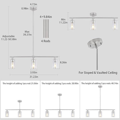 3 Lights Kitchen Island Lighting Brushed Nickel Pendant Light Fixtures with Glass Shade 31" Dining Room Chandeliers Adjustable Height Modern Linear Ceiling Hanging Light for Living Room, Foyer