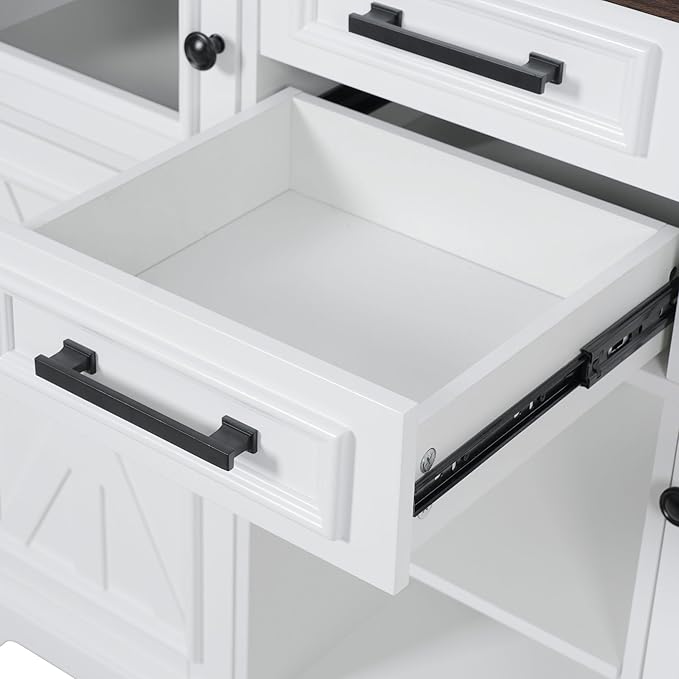 RUNNA 54.9" Kitchen Island with Drop Leaf,Power Outlet, Kitchen Storage Cart with 4 Door Shelves,Cross Barn Doors & Visual Glass Door,Rolling on 4 Wheels for Kitchen,Dining Room (White#77)