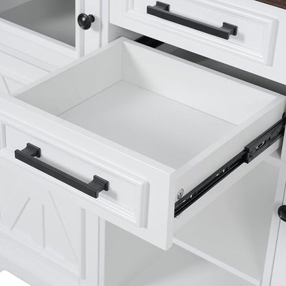 RUNNA 54.9" Kitchen Island with Drop Leaf,Power Outlet, Kitchen Storage Cart with 4 Door Shelves,Cross Barn Doors & Visual Glass Door,Rolling on 4 Wheels for Kitchen,Dining Room (White#77)