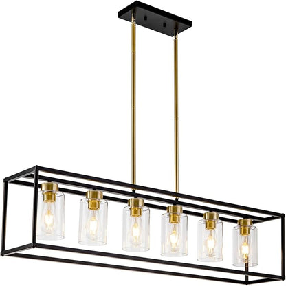 6 Lights Modern Dining Room Light Fixtures Over Table Black & Brushed Brass Gold Farmhouse Chandelier Rectangular Pendent Lighting for Kitchen with Glass Shade Long Linear Industry Hanging Light