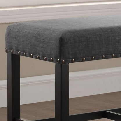 Grey Fabric Counter Height Dining Bench with Nailhead Trim, Ideal for Kitchen Islands and Dining Areas, Sturdy Construction and Easy Assembly Included