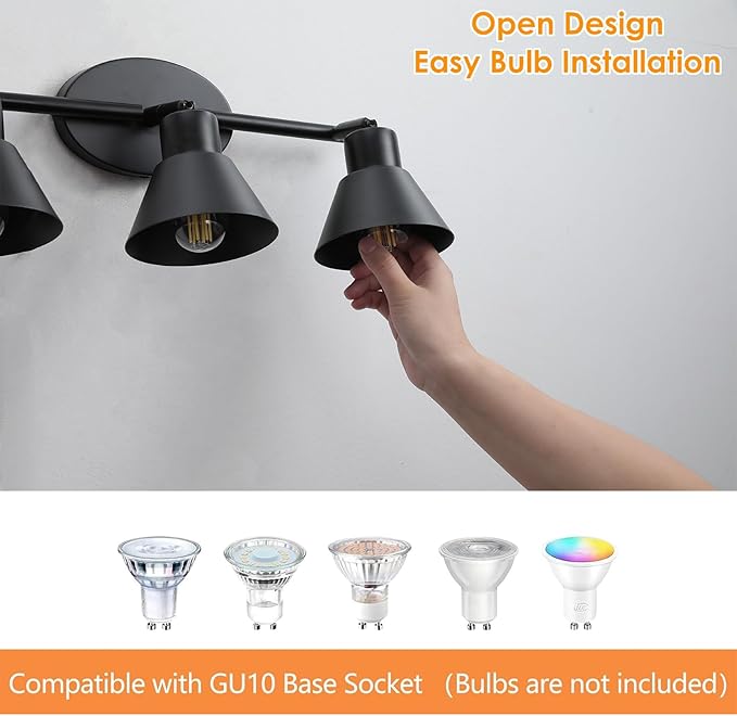 Modern 3-Light Track Lighting Fixture, Black Metal Ceiling Spotlight with Flexible Rotatable Heads, GU10 Base Directional Track Light for Kitchen, Hallway, Living Room & Gallery