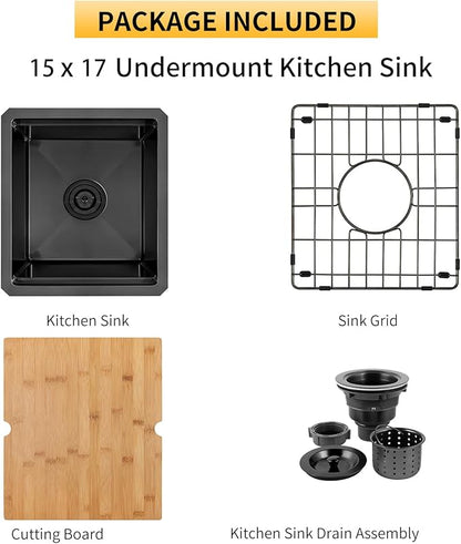 Black Undermount Bar Sink, 16 Gauge 304S Stainless Steel Undermount Kitchen Sink, All In One Workstation Sink with Accessories, 15" x 17" x 10" Small Kitchen Sink for Wet Bar, Outdoor and RV