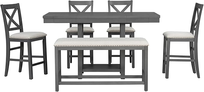 Solid Wood Counter Height Dining Table Set for 6, Expandable Bar Table with 4 Chairs and a Bench, Farmhouse Kitchen Table Set with 2-Tier Storage Shelves for Dinning Room Living Room (Gray-4.9)