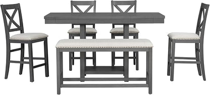 Solid Wood Counter Height Dining Table Set for 6, Expandable Bar Table with 4 Chairs and a Bench, Farmhouse Kitchen Table Set with 2-Tier Storage Shelves for Dinning Room Living Room (Gray-4.9)