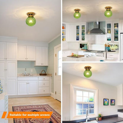 Green Globe Glass Semi Flush Mount Small Hall Ceiling Light, Modern Gold Lighting for Kitchen, Bedroom, Hallway, Porch