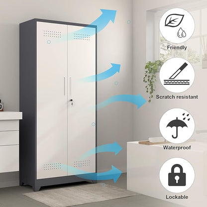 GREATMEET Metal Garage Storage Cabinet, 73" H Broom Closet Storage Cabinet, Locking Utility Cabinet with Doors and Shelves for Garage, Home, Grey White
