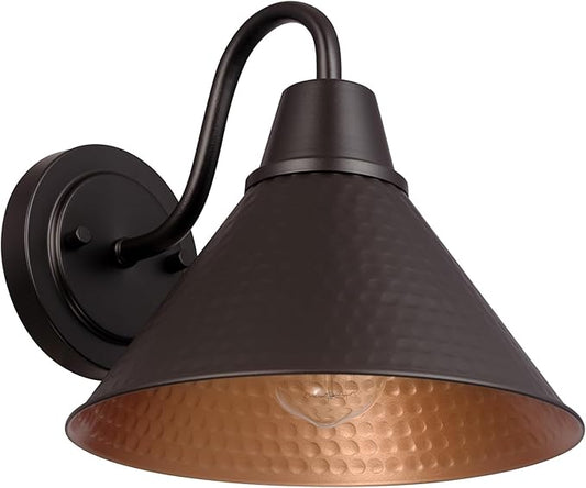 Globe Electric 60000013 1-Light Outdoor Wall Sconce, Bronze, 9" Warehouse Shade, Painted Gold Interior, Gooseneck Stem, Porch Light, Wall Lighting, Patio Décor