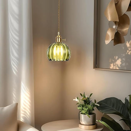 Mini Flower Hanging Lamp Plug in Pendant Light Fixtures, 15Ft Green Glass Pendant Lights Kitchen Island Dining Room Bedroom Living Room, LED Bulb Included