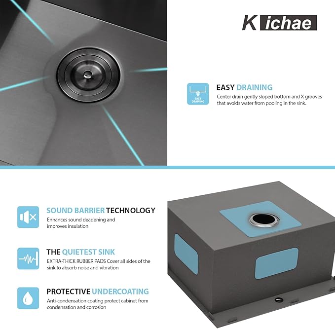 Kichae 25 Inch Black Laundry Sink - 25x22 Kitchen Sink Drop In Utility Sink 12" Deep Sink Topmount Single Bowl Stainless Steel RV Laundry Sinks Handmade with Accessories