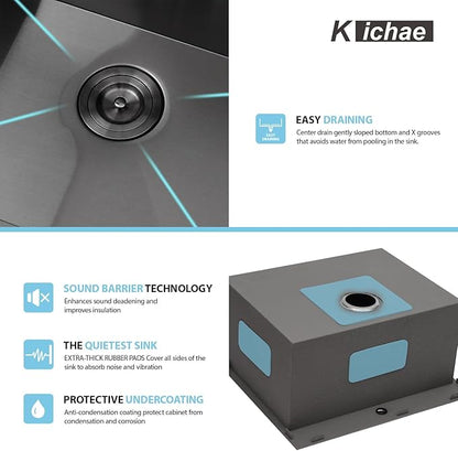 Kichae 25 Inch Black Laundry Sink - 25x22 Kitchen Sink Drop In Utility Sink 12" Deep Sink Topmount Single Bowl Stainless Steel RV Laundry Sinks Handmade with Accessories