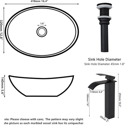 Ceramic Vessel Sink with Faucet and Drain Combo Brown Bathroom Sink Above Counter Oval Sinks Bowl