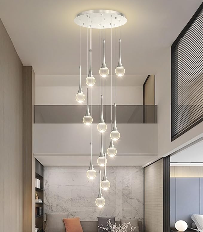 12 Light High Ceiling Crystal Chandelier Dimmable LED Pendant Lights with Remote Adjustable Chandeliers for Foyer Staircase Living Room Silver