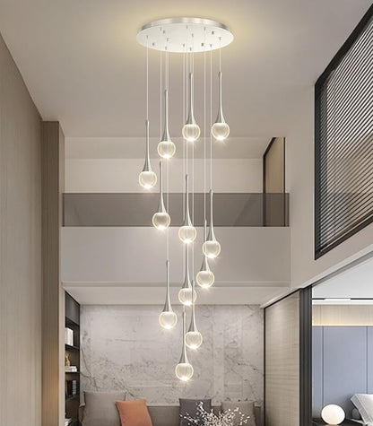 12 Light High Ceiling Crystal Chandelier Dimmable LED Pendant Lights with Remote Adjustable Chandeliers for Foyer Staircase Living Room Silver