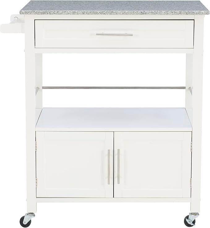 Linon Kyler White Granite Topped Kitchen Cart with Lockable Casters and Hidden Storage Spaces