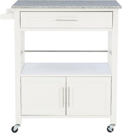 Linon Kyler White Granite Topped Kitchen Cart with Lockable Casters and Hidden Storage Spaces