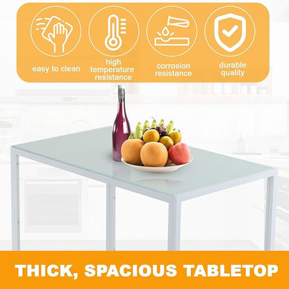 FDW | 5-Piece Dining Table Set | White | Glass Kitchen Table with 4 Upholstered Chairs and Faux Leather Cushions | Space-Saving and Modern Design | for Dining Room, Easy to Assemble