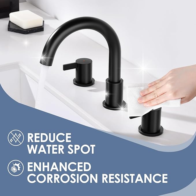 Two Handle 8inch Widespread Bathroom Faucet 3 Holes, Bathroom Sink Faucet with Metal Pop up Drain Assembly and cUPC Water Supply Lines, Black