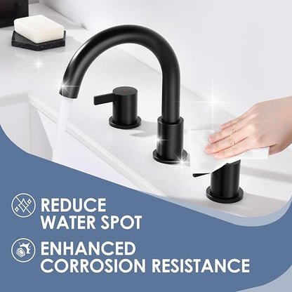 Two Handle 8inch Widespread Bathroom Faucet 3 Holes, Bathroom Sink Faucet with Metal Pop up Drain Assembly and cUPC Water Supply Lines, Black