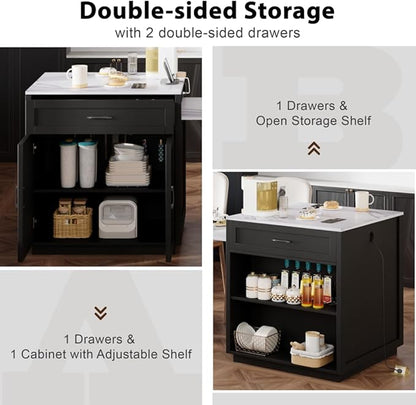 JIJIWANG 82.7 inch Kitchen Island with Extendable Dining Table for 4-6 Person,Faux Mable Kitchen Table with Double-Sized Storage,Power Outlet, with Storage 2 Drawers 2 Side Open Shelves,Black
