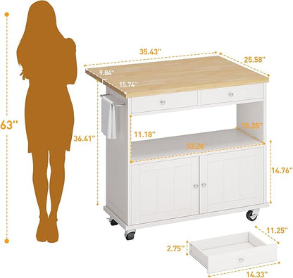 Rolling Kitchen Island with Folding Drop Leaf Breakfast Bar, 35.4'' W Kitchen Cart with Storage Cabinet and 2 Drawers, Portable Mobile Kitchen Island Table with Towel Rack, Lockable Wheels, White