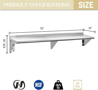 Hally Stainless Steel Shelf 12 x 72 Inches 345 lb, NSF Commercial Wall Mount Floating Shelving for Restaurant, Kitchen, Home and Hotel