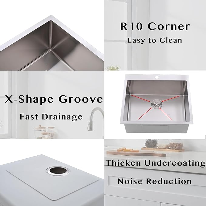 Friho 25x22 Drop in Kitchen Sink, Brushed Nickel Topmount Kitchen Sinks, SUS304 Commercial Handmade 16 Gauge Single Bowl Stainless Steel Sink with Basket Strainer