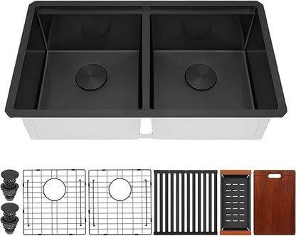 Double Bowl Kitchen Sink 30" X 18",Black Undermount Kitchen Sink,16 Gauge Stainless Steel Undermount Double Sinks with Workstation