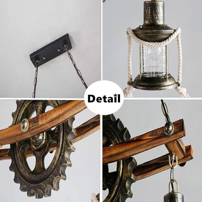 Wood Retro Pendant Lighting Industrial Vintage Chandelier Black Metal Bedroom Restaurant Suspension Lamp Cage Frame with Glass Shade House Loft Bar Coffee Decoration Ceiling Lights Fitting, E2