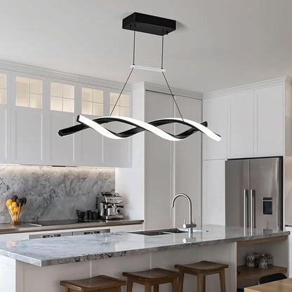 Modern Kitchen Pendant Light Over Island Black LED Pendant Lights 6000K Adjustable Hanging Light Fixture Wave Shape Chandelier for Dining Room Kitchen Island Restaurant Living Room