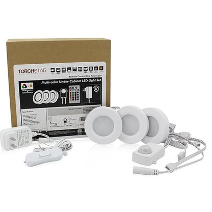 TORCHSTAR Set of 3 Multicolor LED Under Cabinet Lighting Kit, UL-Listed Power Adapter, Surface and Recessed Mount LED Puck Lights, IR Remote Control, Warm White