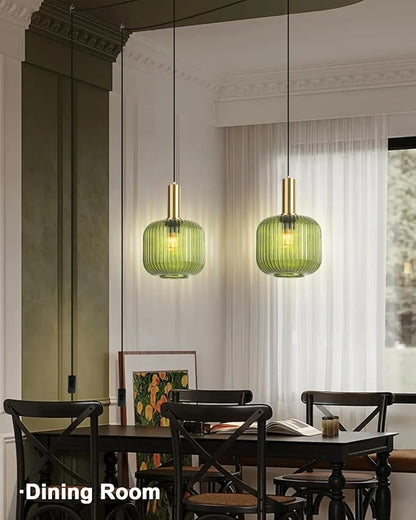 Plug in Glass Pendant Light 1-Light Gold Industrial Light with 14.7FT Black Cord Mid-Century Modern Pendant Lamp for Kitchen Sink Living Room Bedroom, Indoor Green Glass Lamp