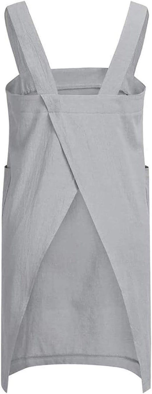 Cotton Linen Apron Cross Back Apron for Women with Pockets Pinafore Dress for Baking Cooking