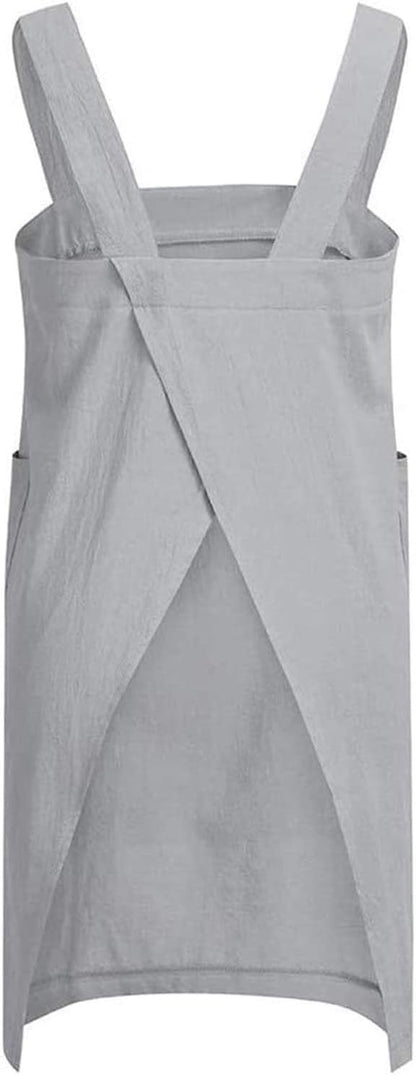 Cotton Linen Apron Cross Back Apron for Women with Pockets Pinafore Dress for Baking Cooking