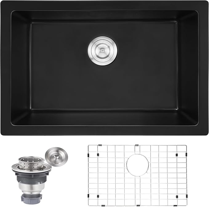 Kitsitchen Black Undermount Kitchen Sink, 23" x 18" Black Granite Composite Kitchen Sink with Drain Assembly & Bottom Gird, Small Quartz Stone Kitchen Sinks with Round Corner