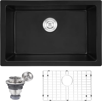 Kitsitchen Black Undermount Kitchen Sink, 23" x 18" Black Granite Composite Kitchen Sink with Drain Assembly & Bottom Gird, Small Quartz Stone Kitchen Sinks with Round Corner