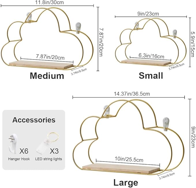 Floating Cloud Shelves for Wall 3 Pack, Mini Cute Floating Shelves with LED Lights for Kids Room Decor, Hanging Display Wall Shelf for Bedroom Kitchen Living Room Decor