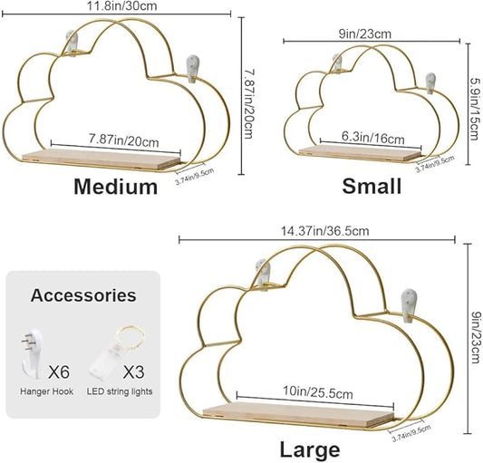 Floating Cloud Shelves for Wall 3 Pack, Mini Cute Floating Shelves with LED Lights for Kids Room Decor, Hanging Display Wall Shelf for Bedroom Kitchen Living Room Decor