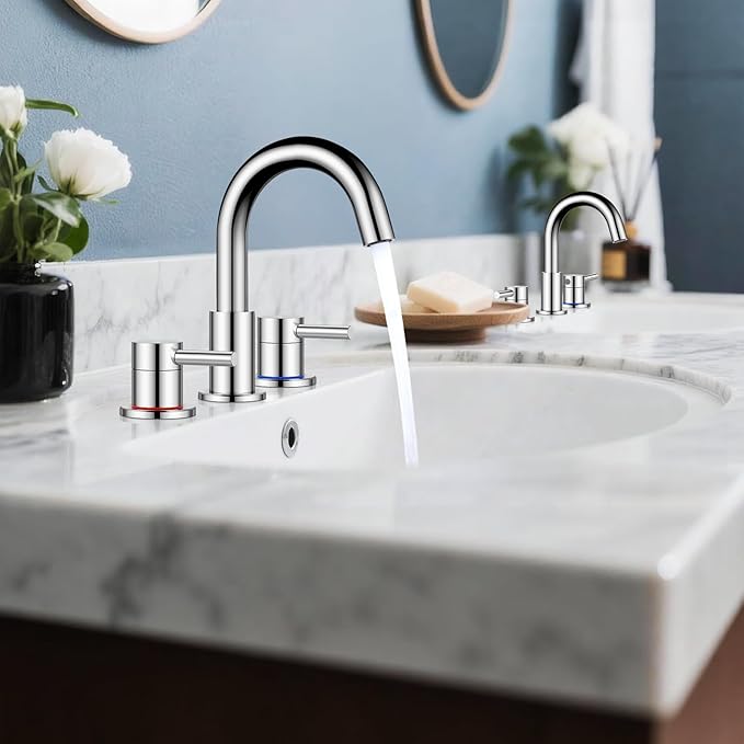 FGKQ Bathroom Faucet for Sink 3 Hole, Chrome Bathroom Sink Faucet with Pop-Up Drain and Water Supply Lines, 8 inch Widespread Vanity Faucet 2 Handle with 360° Swivel