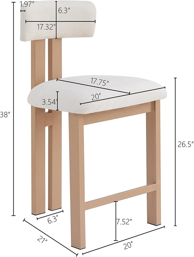 Set of 2 Modern Round Bar Stools with Low Back, 26.5" Height Upholstered Fabric Seats and Natural Iron Frame for Kitchen Island, Dining Counter, Home Bar,Natural+White