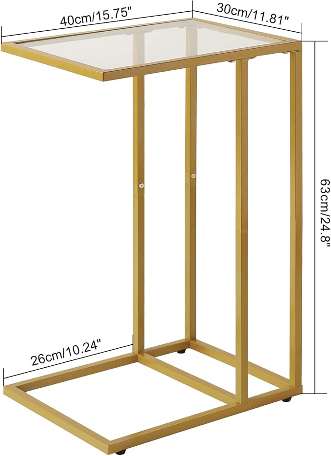 YMYNY C-Shaped End Table, Tempered Glass Sofa Side Table, TV Tray CouchTable That Slide Under for Small Space, Coffee Table for Hallway Office Bedroom Living Room, Metal Frame, Gold, UHGD001G