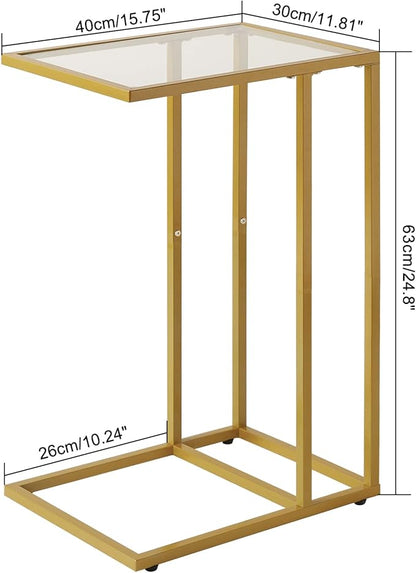 YMYNY C-Shaped End Table, Tempered Glass Sofa Side Table, TV Tray CouchTable That Slide Under for Small Space, Coffee Table for Hallway Office Bedroom Living Room, Metal Frame, Gold, UHGD001G