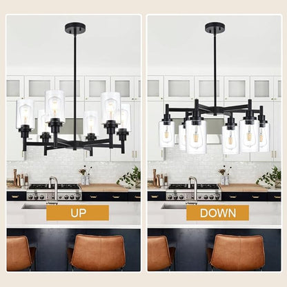 VINLUZ 6 Light Industrial Chandelier Black Pendant Lighting Hanging Fixture with Cylinder Clear Glass for Kitchen Bedroom Dining Room