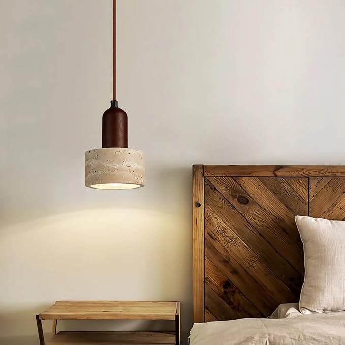Japanese Wabi sabi Pendant Light with Natural Stone Shade, Dimmable Modern Wood Hanging Lamp Fixture, Adjustable Height Pendant Lamp for Bedroom, Kitchen Island, Dining Room, Restaurant, Cafe, Bar (A)
